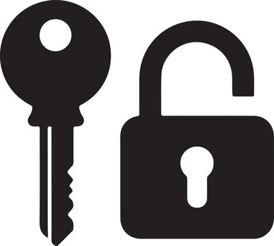 "Key and padlock silhouette vector illustration symbolizing access, security, and unlocking"