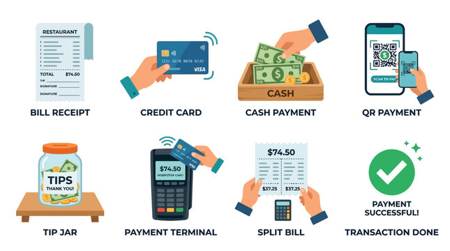 Vector set of various payment methods and receipts on a table with hands handling cash, cards, and devices.
