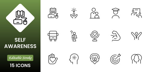 Self-Improvement icon collection set. Productivity, progress, management, user growth, decision making, transformation icon. Simple glyph vector collection © oneflock
