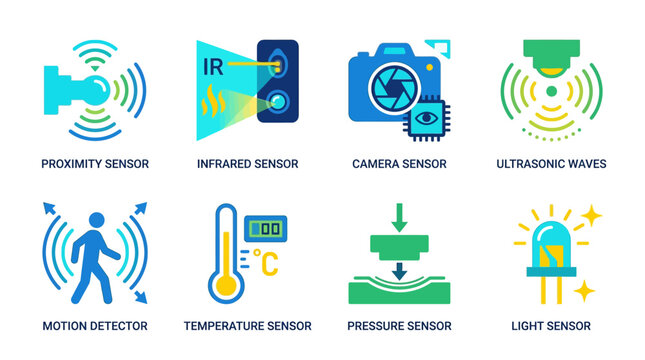 A comprehensive vector set of modern sensor icons including proximity, infrared, camera, ultrasonic, motion, temperature, pressure, and light sensors for various technology applications.