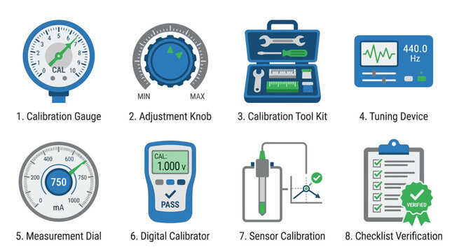 Vector set of various calibration tools and devices for precise measurement and verification