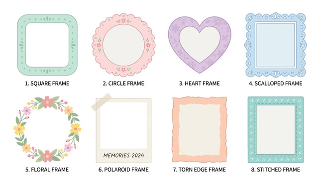 A collection of eight decorative frames in various shapes and colors, including a vector set of square, circle, heart, scalloped, floral, polaroid, torn edge, and stitched frames.