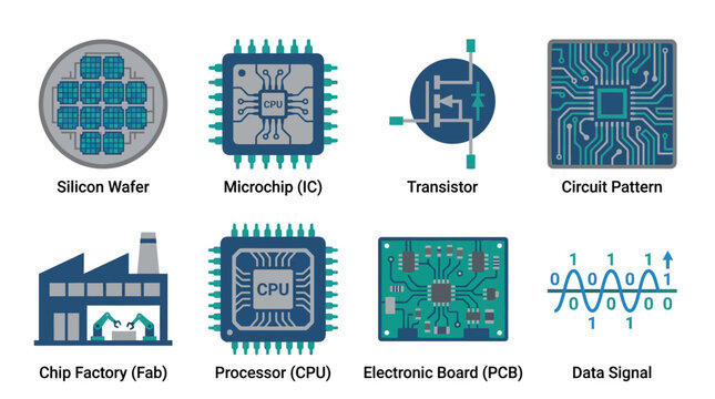 A vector set illustrating various microelectronics components and manufacturing processes in a modern tech environment from a factory viewpoint.