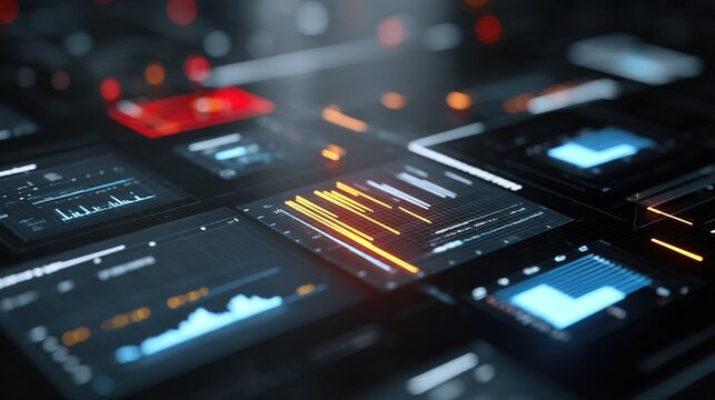 Futuristic digital dashboard interface with data visualization charts and graphs, abstract technology background with glowing ui elements and analytical metrics