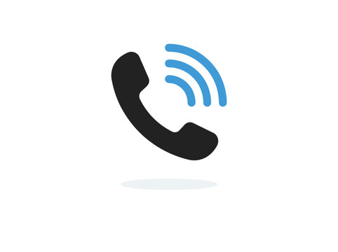 Modern phone handset icon with blue sound waves isolated on white