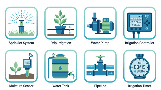 Vector set of various irrigation system components including a sprinkler system, drip irrigation, water pump, irrigation controller, moisture sensor, water tank, pipeline, and irrigation timer.