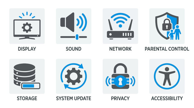 Vector set of modern technology icons featuring various system settings for a vector set including display, sound, network, parental control, storage, system update, privacy, and accessibility.