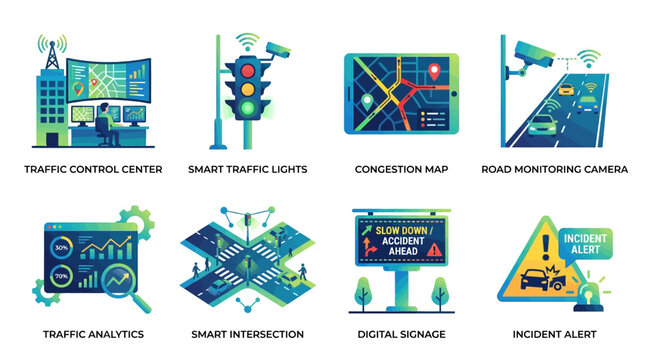 Vector set of traffic management icons illustrating smart city infrastructure with various transportation elements.