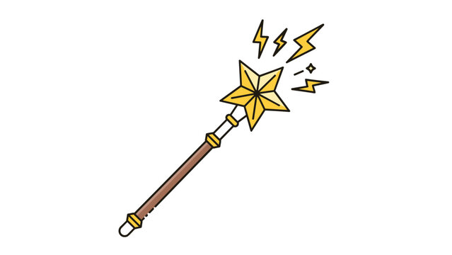 Magical star wand with golden lightning bolts and sparkling elements representing fantasy wizardry or fairy tale enchantment concepts.