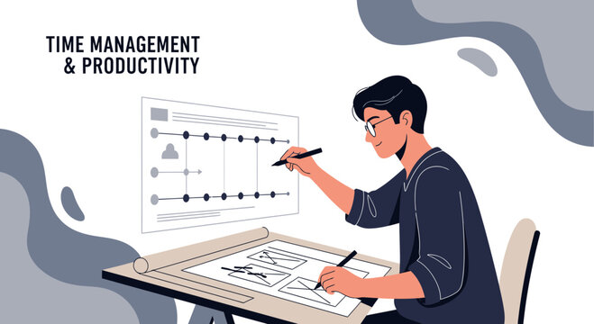 Man planning time management and productivity with charts and wireframes