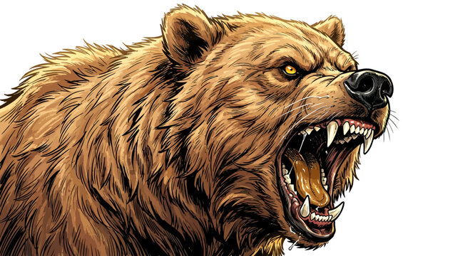 Furious brown bear with open mouth and sharp teeth on white background