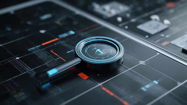 Futuristic magnifying glass scanning digital data interface on a dark technological grid background
