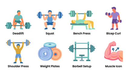 Fototapeta premium A vector set of people performing various gym exercises with weights and equipment in a fitness environment from a side viewpoint.
