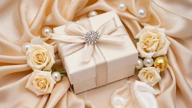 white gift box with silver metal broach closeup view.ai 