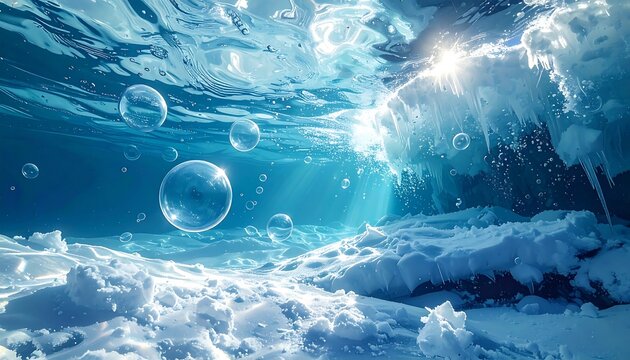 Underwater landscape with ice formations and bubbles against sunlight backdrop