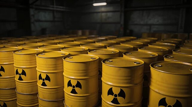 nuclear waste barrels in a dimly lit warehouse