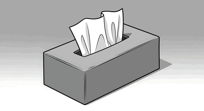 Illustration of a rectangular tissue box with tissues pulled out, depicted in a simple line art style with grey shading on a neutral background
