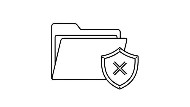 Simple black and white line art illustration of a computer folder icon protected by a secure shield featuring a cross mark for data.