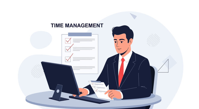 Businessman working on computer, time management concept, checklist on clipboard