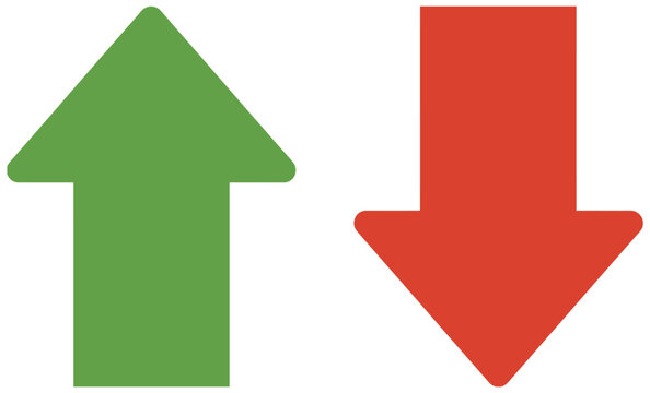 Simple green up arrow and red down arrow icons representing growth and decline in business