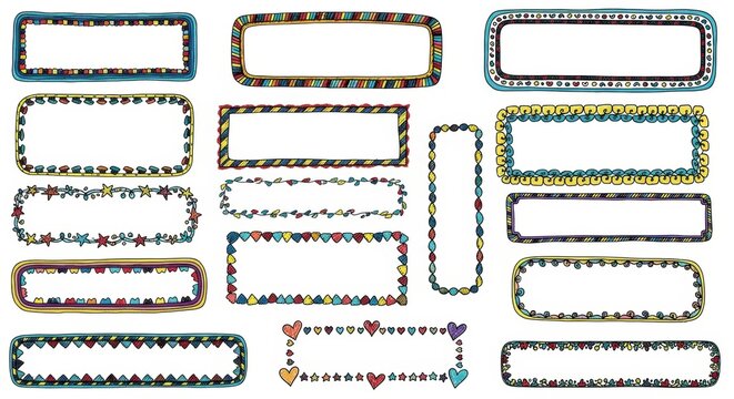 Hand-drawn decorative frames set, colorful doodle border collection for scrapbooking, 16 whimsical rectangular frames with hearts and patterns isolated PNG with Transparent Background