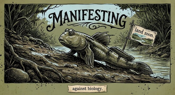 Manifesting Against Biology Determined Mudskipper Climbing Funny Ambition Illustration