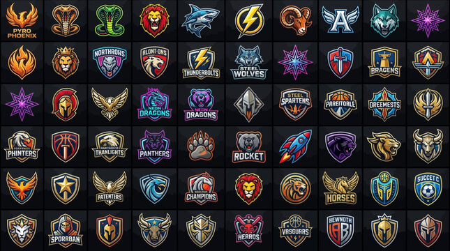 Collection of colorful logos and shields with various animals and fantasy designs