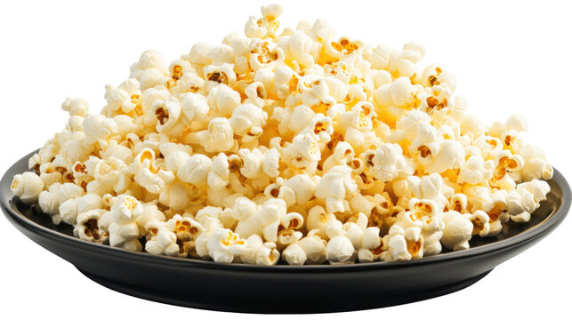 Bowl of popcorn on black plate, isolated on transparent background, cinematic movie snack.