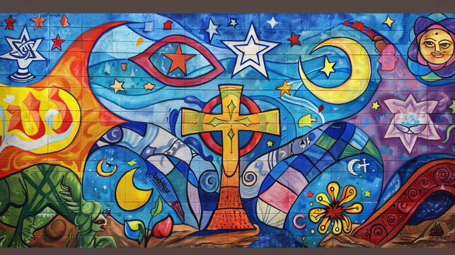 A vibrant mural depicting the peaceful coexistence of multiple religions, with symbols like the cross, crescent, Om, and Star of David intertwined in harmony. A mural of unity. Artistic expression.