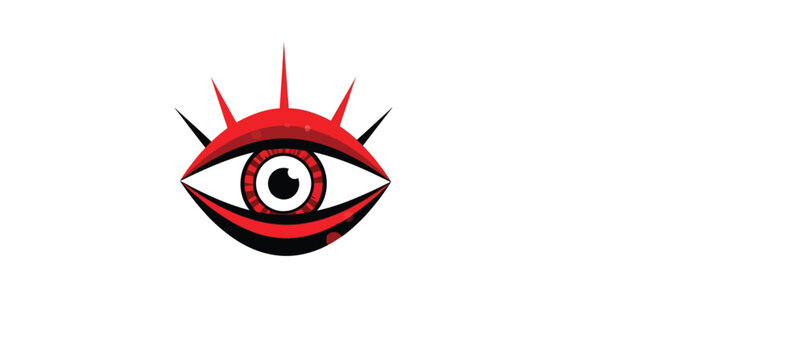 Stylized red eye with spiked eyelashes on white background