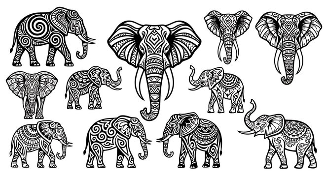 Elephant illustrations with intricate, tribal-style patterns