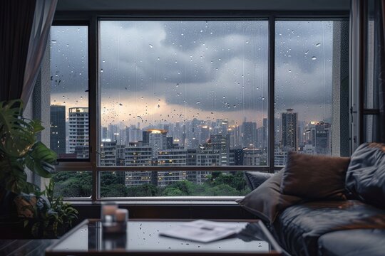 A living room window with rain pouring down, thunderstorm clouds overhead, and the city skyline in the distance