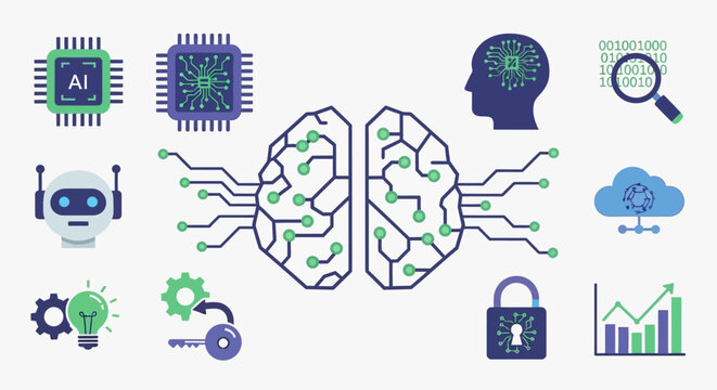 The brain processes circuits with symbols and a head with AI and security icons around.