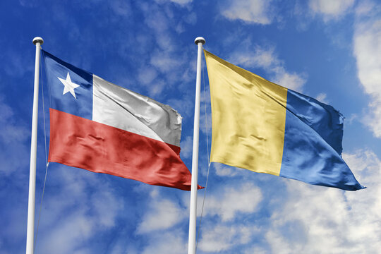 Chile and Lampedusa and Linosa flags waving in a clear blue sky symbolizing a powerful diplomacy a strategic partnership, and a shared vision of unity for a sustainable future.