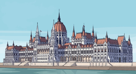 Obraz premium Budapest Parliament Building, Hungary - Iconic Landmark Facade Illustration