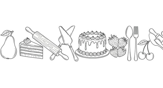 Continuous line art border of sweet desserts, cakes, fruits and kitchen baking tools