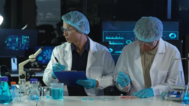 Lab work, Doctor holds a test tube takes the test from a test tube in analysis, blood, DNA, test tube stand.
