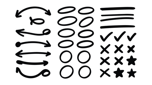 Hand drawn pen line highlight red set.Round oval, circle scribble frame, arrow elements. Line red hand drawn pen marker stroke underline, arrow, check mark emphasis . Vector illustration
