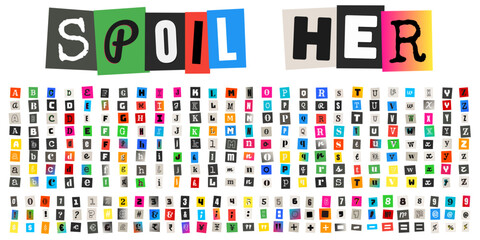 Colorful Cutout Letters Alphabet Set with Spoil Her Phrase for Punk Zine and Mystery Design © velikiyzayats
