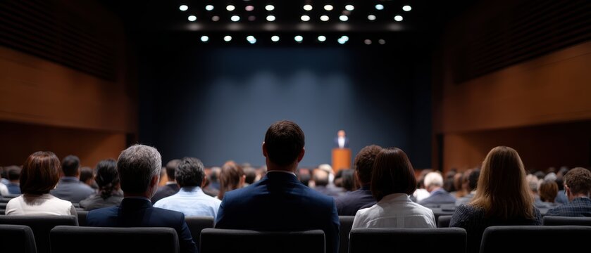 Corporate presentation auditorium with speaker addressing large audience in modern conference facility with stage lighting and engaged attendees taking notes for business education training.