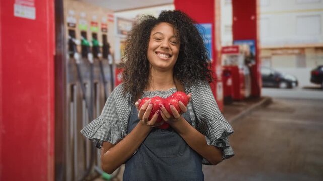 Teenage woman in apron holding ripe red tomatoes in hands and smiling broadly while standing by fuel pumps at a gas station forecourt; joy warmth.