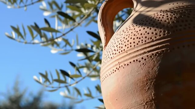 A terracotta amphora with holes and leaves against a blue sky