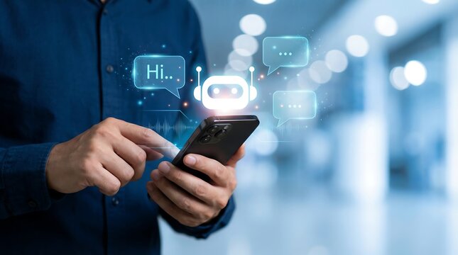 A person's hands are holding and interacting with a smartphone, displaying a glowing chatbot icon and conversational "Hi..." bubbles, representing AI communication and customer service.