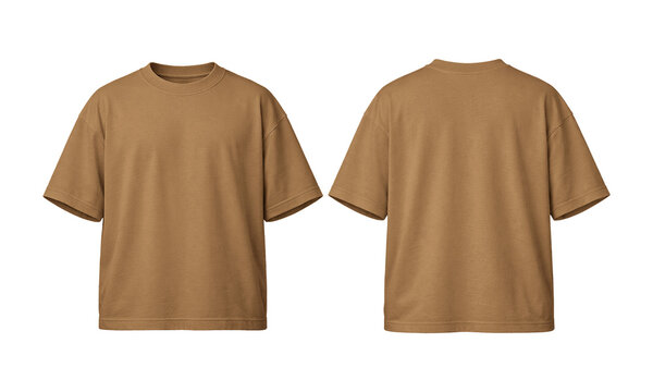 Boxy shirt two views of a brown short sleeved tshirt appear on dark.