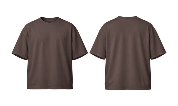 Boxy brown tshirt with front and back design. Suitable for fashion blog posts, clothing advertisements, and trendy apparel designs.