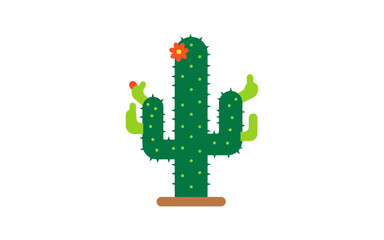 Fototapeta premium Cartoon cactus with orange flower and red fruit on white background