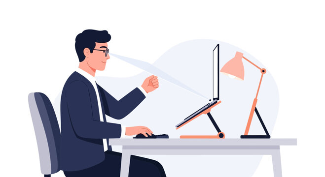 Man working on computer, eye strain, desk setup with lamp, illustration