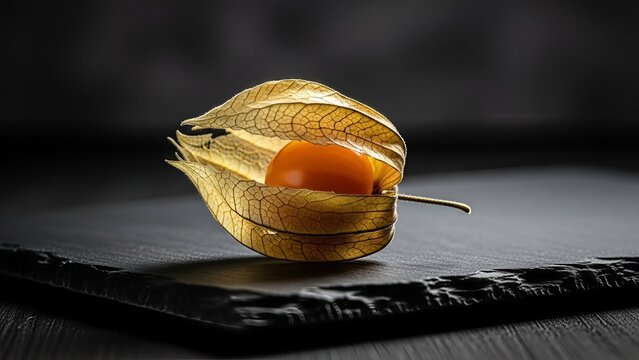 Golden Physalis Peruviana with Detailed Calyx on Dark Textured Surface Still Life
