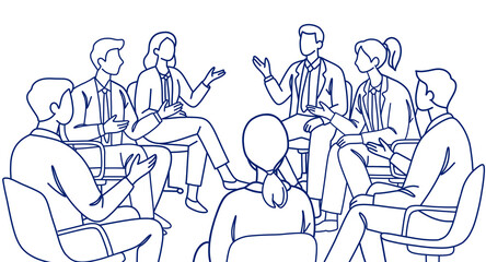 Business Team Meeting and Group Discussion, Office Communication Line Art Illustration © SasubuArt
