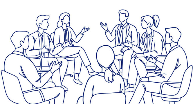Business Team Meeting and Group Discussion, Office Communication Line Art Illustration
